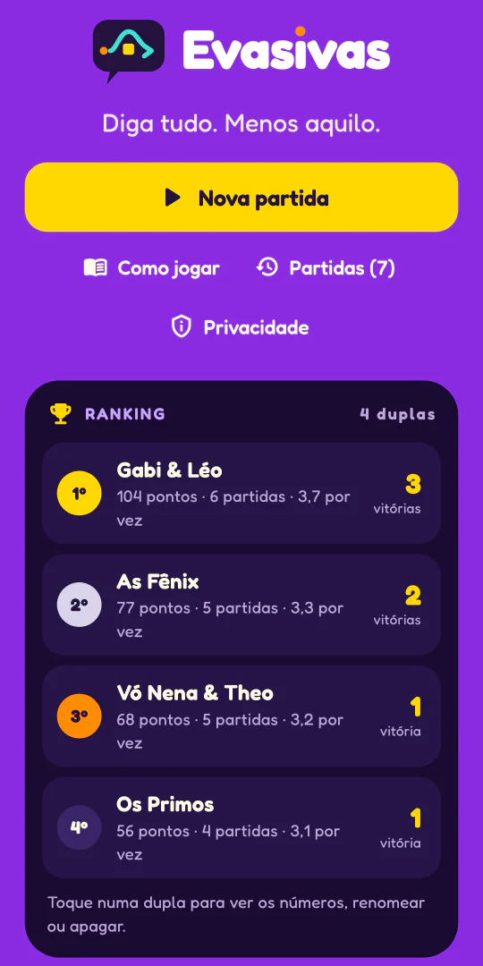 Captura do Evasivas no celular: a tela inicial, com o botão Nova partida e o ranking das duplas