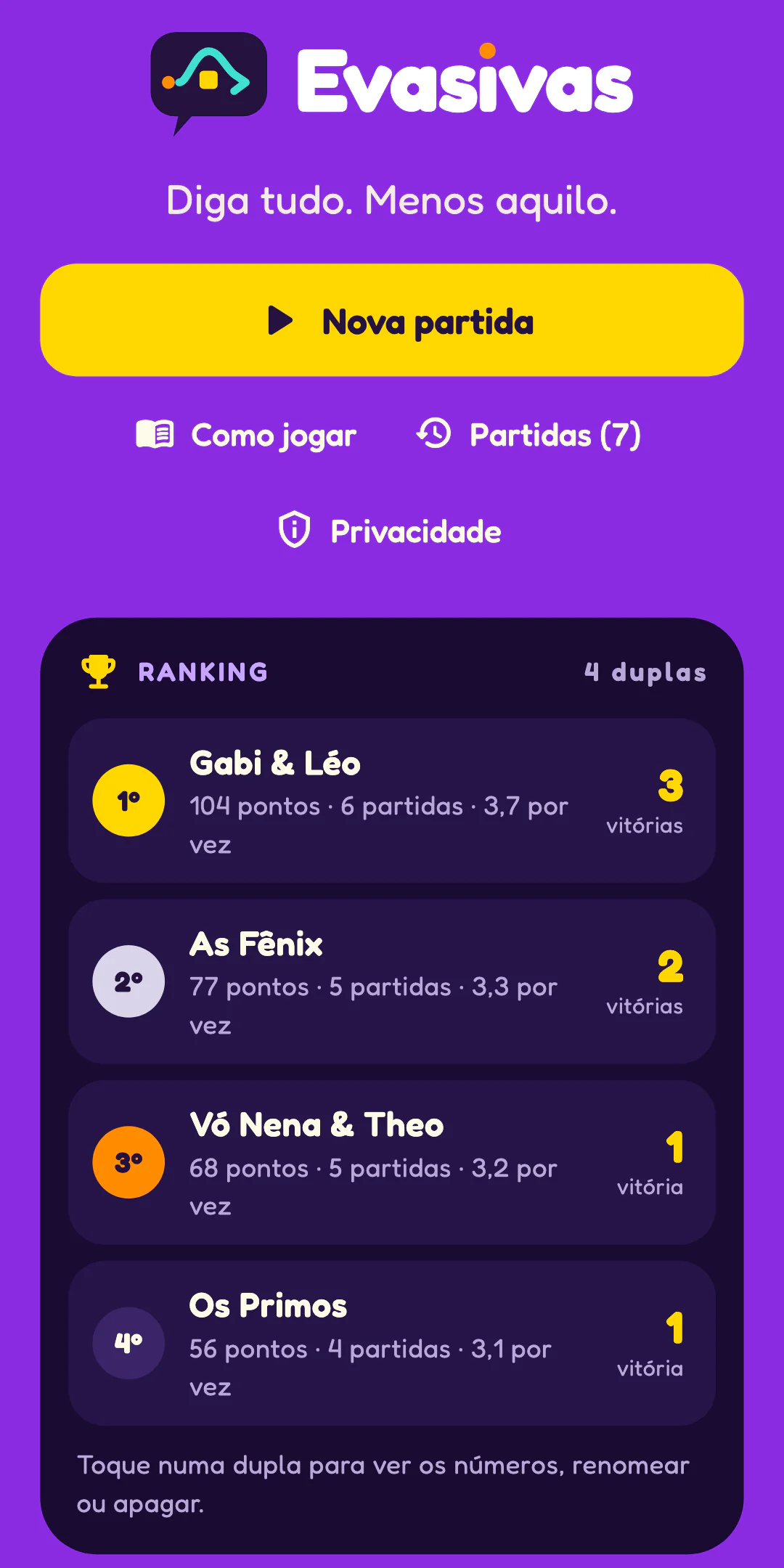 Evasivas no celular: a tela inicial, com o botão Nova partida e o ranking das duplas