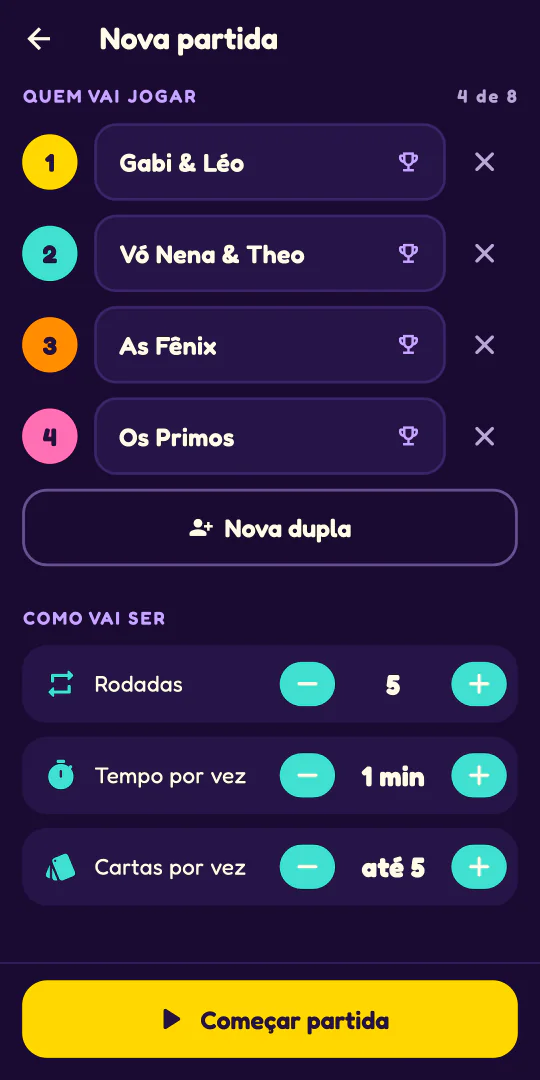 Captura do Evasivas no celular: a tela de nova partida, com as duplas e os ajustes de rodadas, tempo e cartas por vez