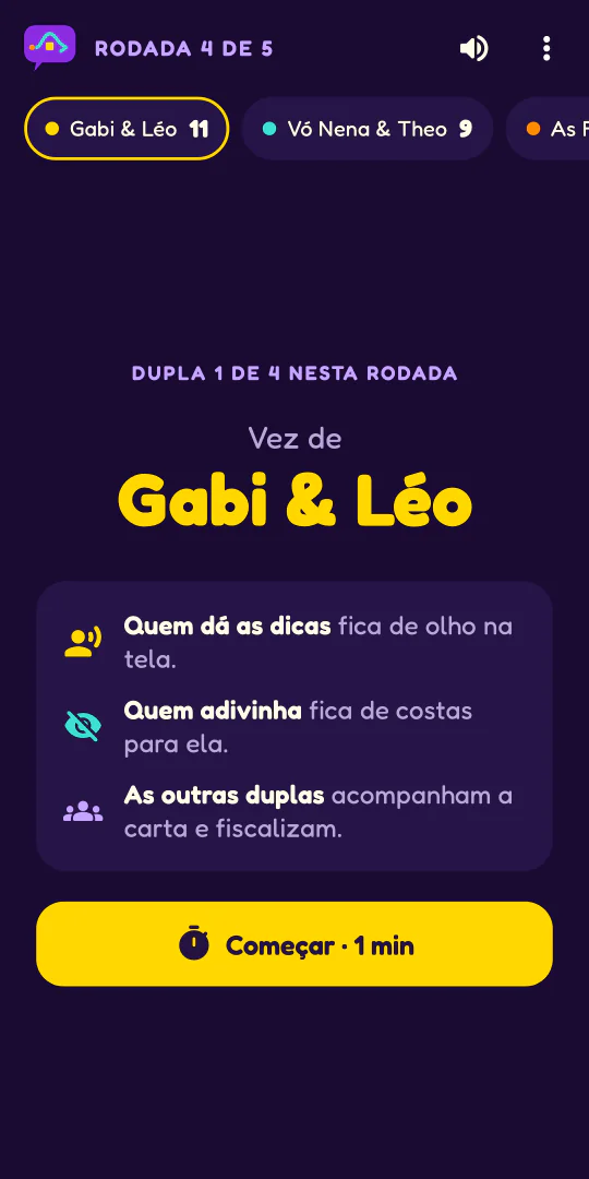Captura do Evasivas no celular: a tela da vez de uma dupla, com as instruções antes de o minuto começar