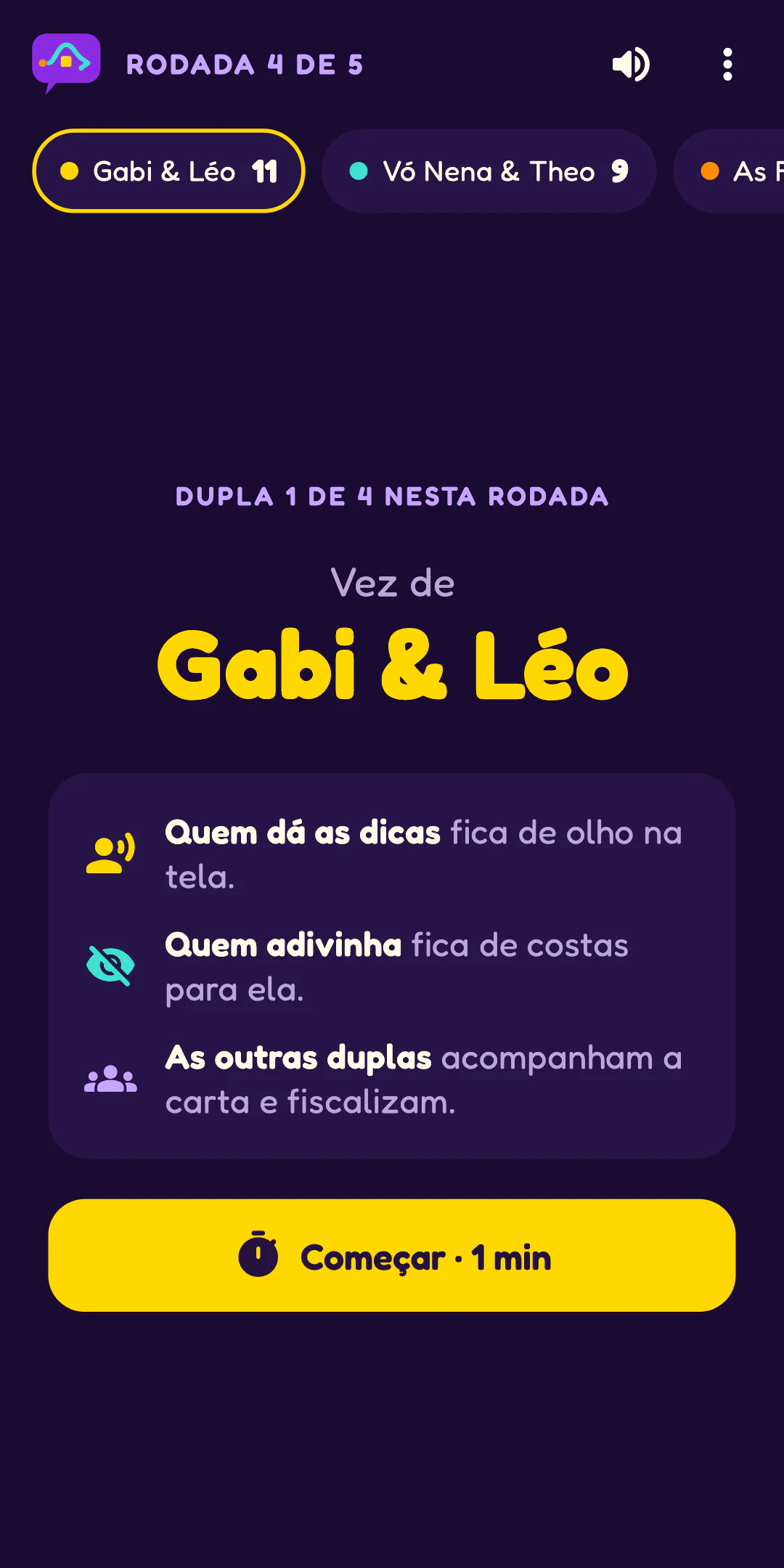 Evasivas no celular: a tela da vez de uma dupla, com as instruções antes de o minuto começar