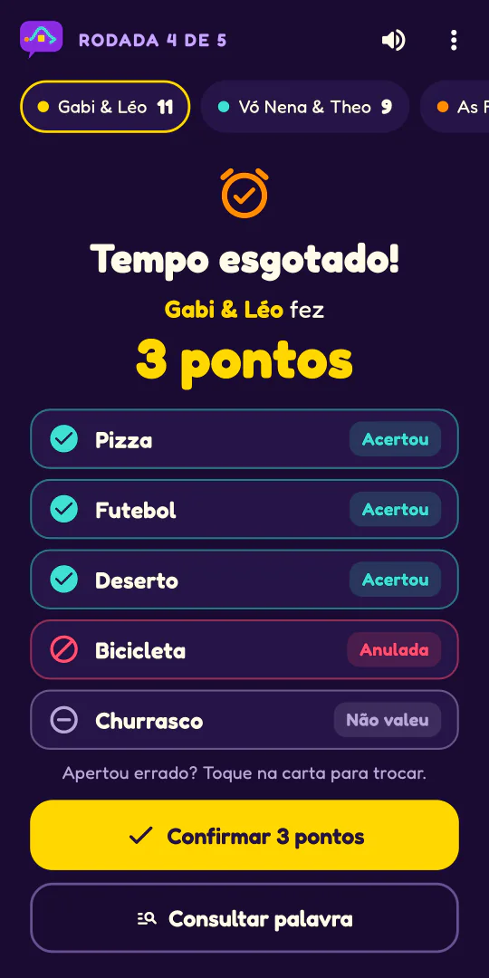 Captura do Evasivas no celular: o resumo da vez, com os pontos feitos e o resultado de cada carta