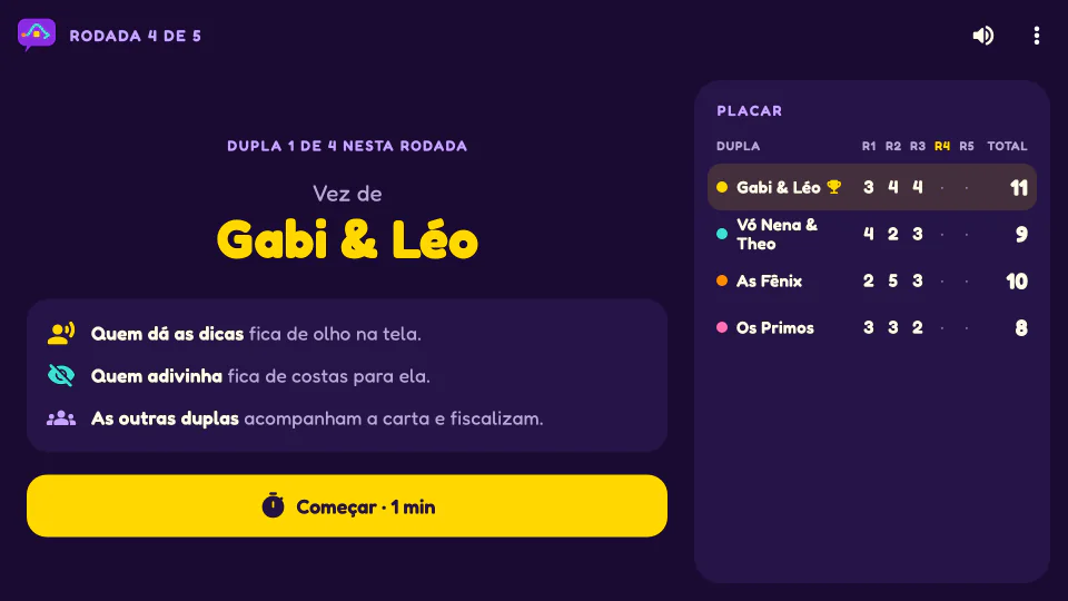 Captura do Evasivas na TV: a tela da vez de uma dupla, com as instruções e o placar ao lado