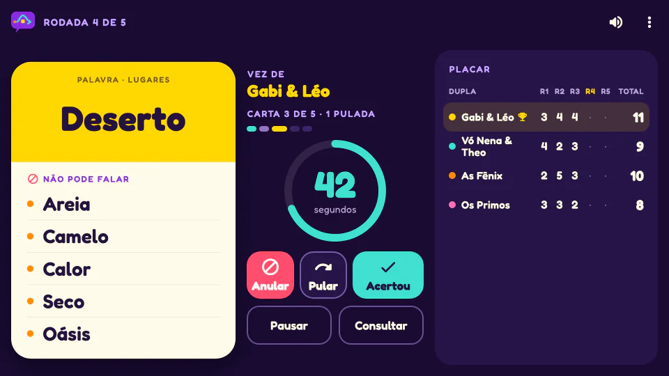 Captura do Evasivas na TV: o minuto valendo, com a carta, o cronômetro, os botões Anular, Pular e Acertou e o placar