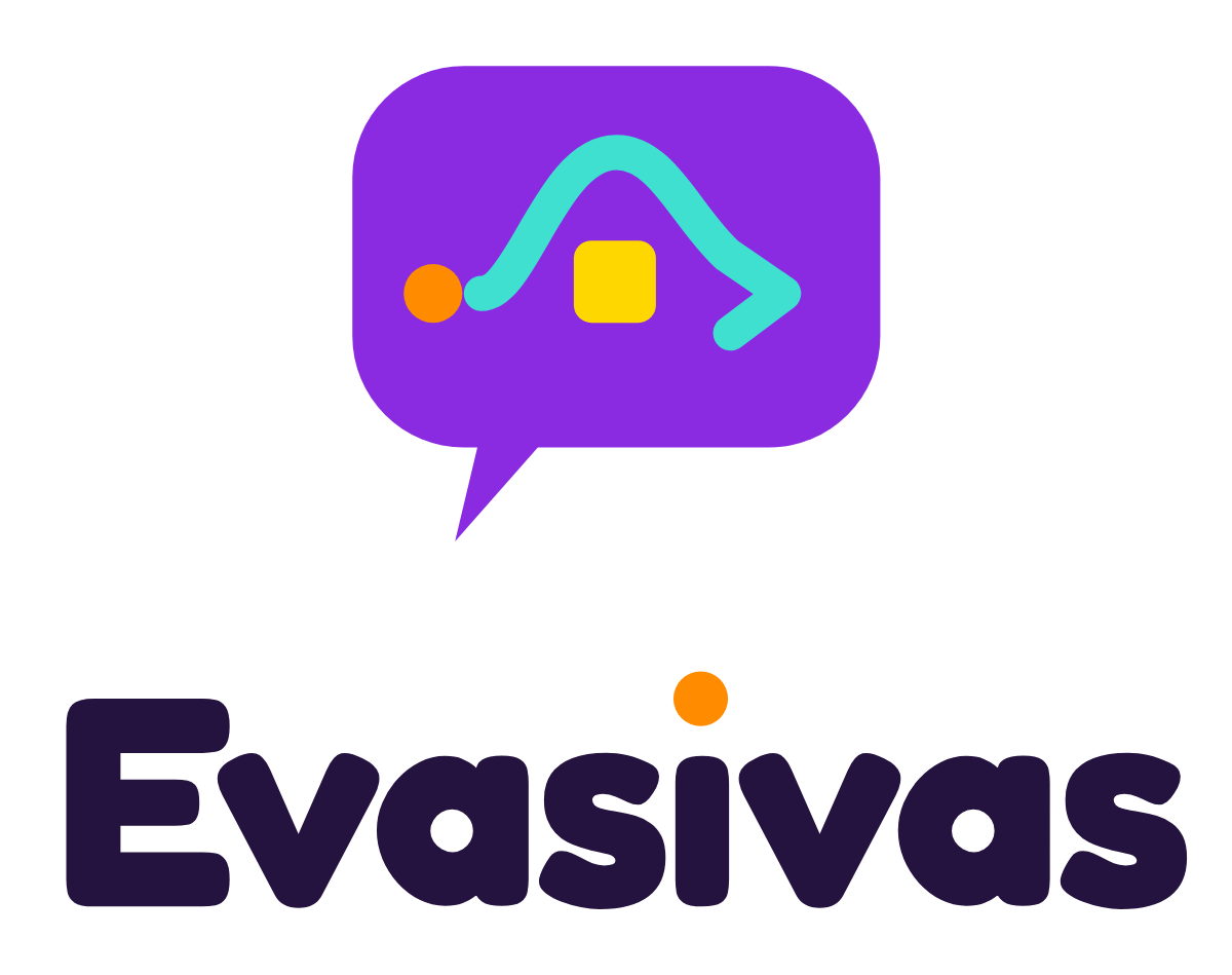 Logotipo Evasivas em pé: balão de fala roxo com um caminho turquesa que desvia de um quadrado amarelo, e o nome abaixo, em roxo-escuro