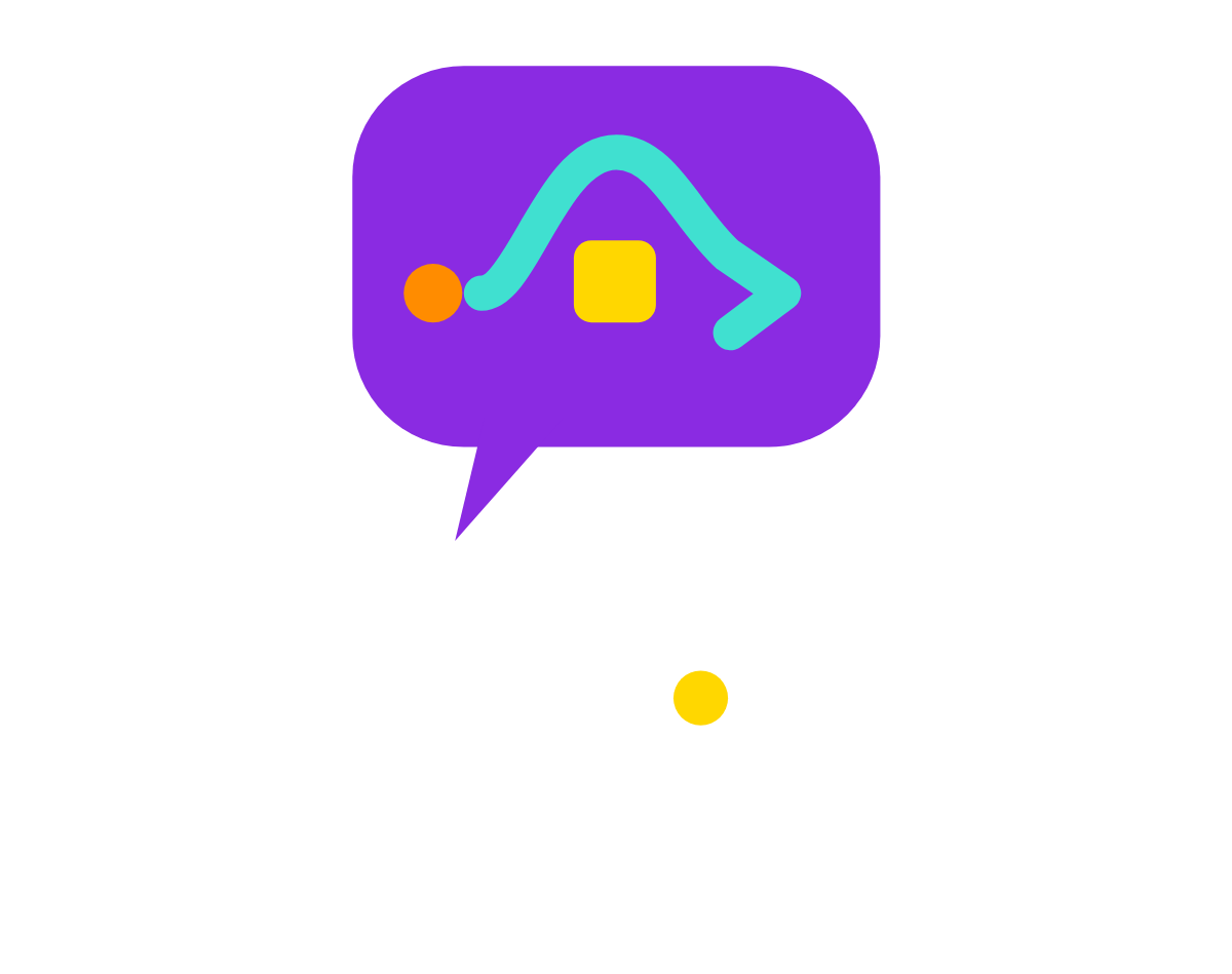 Logotipo Evasivas em pé: balão de fala roxo com um caminho turquesa que desvia de um quadrado amarelo, e o nome abaixo, em branco