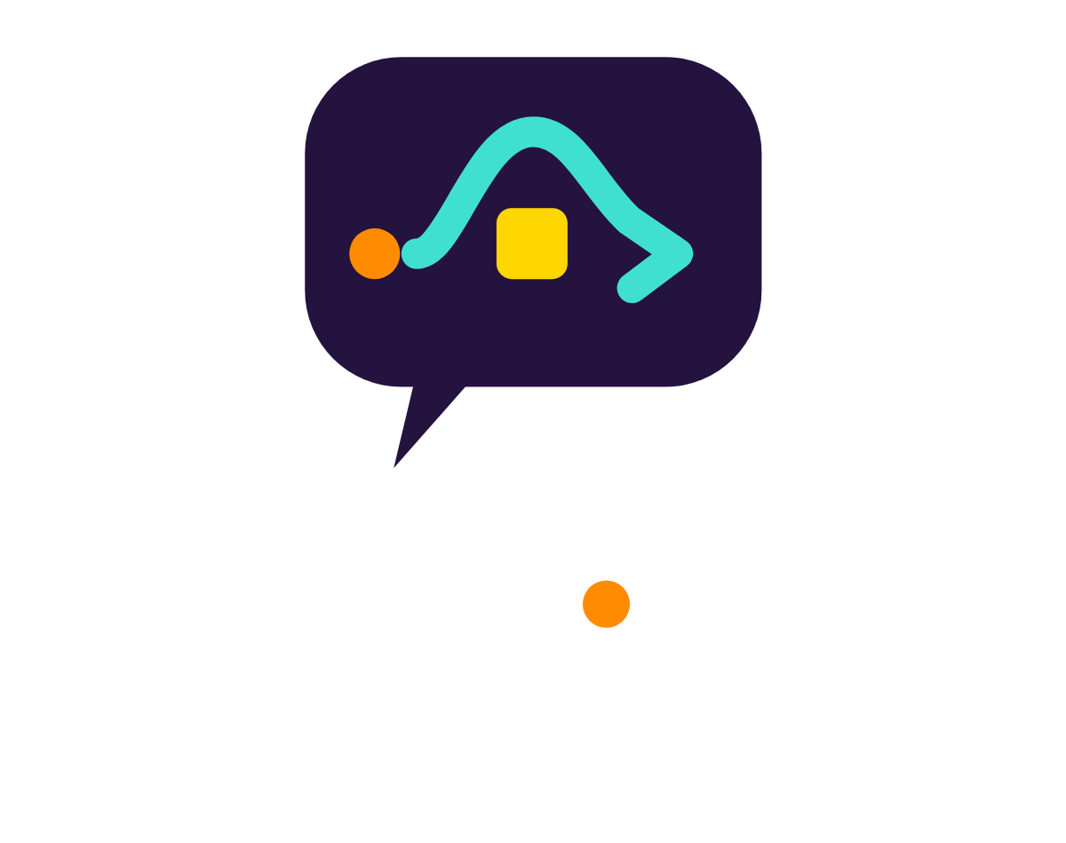 Logotipo Evasivas em pé: balão de fala escuro com um caminho turquesa que desvia de um quadrado amarelo, e o nome abaixo, em branco, sobre fundo roxo
