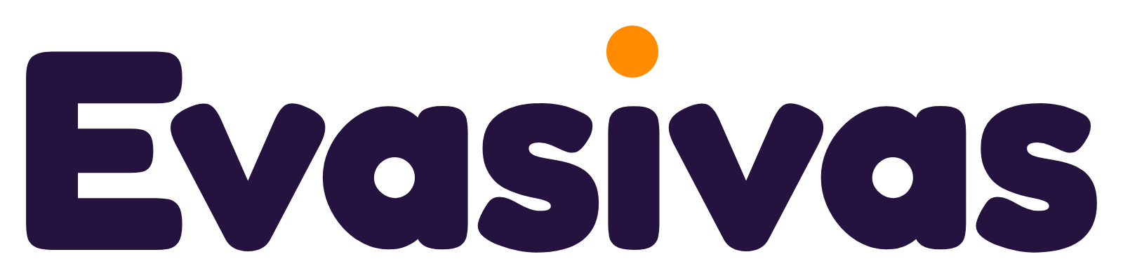 Logotipo Evasivas horizontal, com letras roxo-escuras e o pingo do i laranja, sobre fundo claro